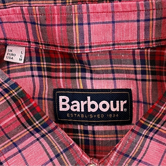 Barbour Button Down Linen Cotton Blend Men Medium Pink Plaid - Picture 7 of 9